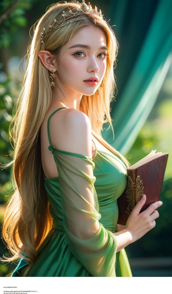 Close-up of a woman in a green dress holding a book, a character portrait inspired by Magali Villeneuve, Hot topics on artstation, Fantasyart, portrait of an elf queen, Belle peinture de personnage, Stunning character art, Epic and beautiful character art, blond-haired princess, medieval princess, fairy queen, fantasy art style, Side portrait of elven royalty, look at viewer