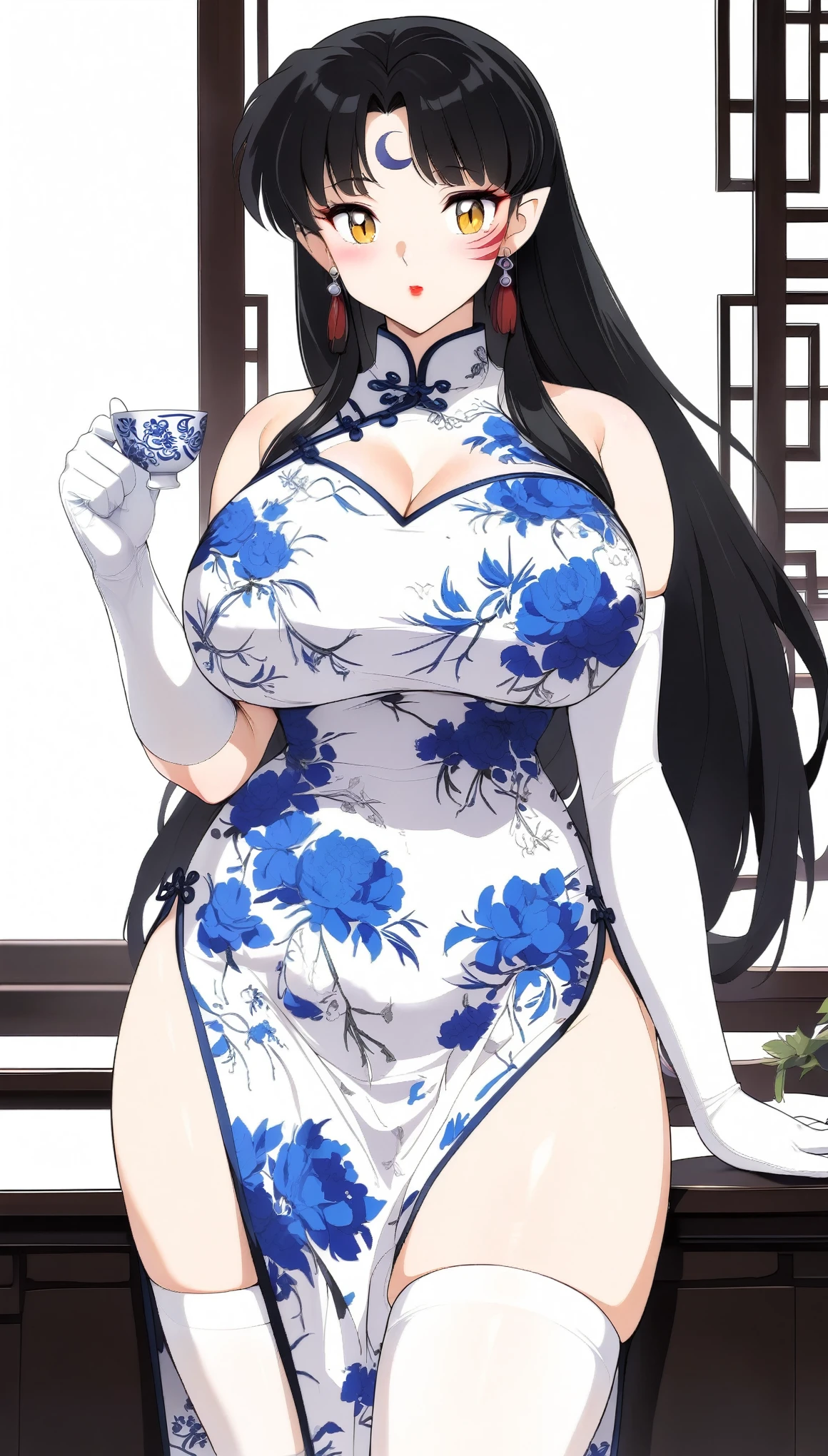 1girl,Sesshoumaru,sesshoumaru,mature female,(scornful eyes),yellow eyes,parted bangs,pointy ears,white hair,very long hair,red facial mark,forehead mark,alternate costume,arm at side,blush,braid,breasts,china dress,chinese clothes,curvy,dress,elbow gloves,bare shoulder,sleeveless,cleavage cutout,floral print,gloves,(blue and white porcelain gorgeous qipao,china dress,chinese clothes,dress),gigantic breasts,hip vent,print dress,indoors,holding a cup of Chinese baijiu,red lips,looking at viewer,parted bangs,sleeveless,solo,standing,thick thighs,upturned eyes,white thighhighs,wide hips,
