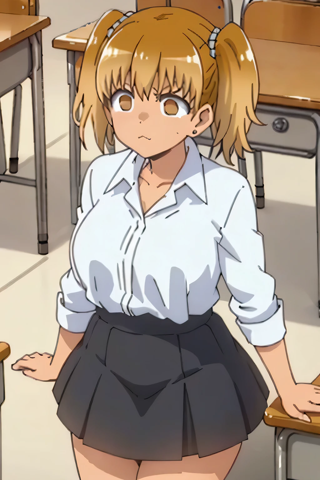 Very detailed, High quality (medium long shot), Illustration from the anime Ijiranaide Nagatoro San, of the character Yoshi, orange eyes, thick thighs, white sweatshirt, black skirt, looking at the viewer. with a relaxed expression. with his hands on top of his breasts .