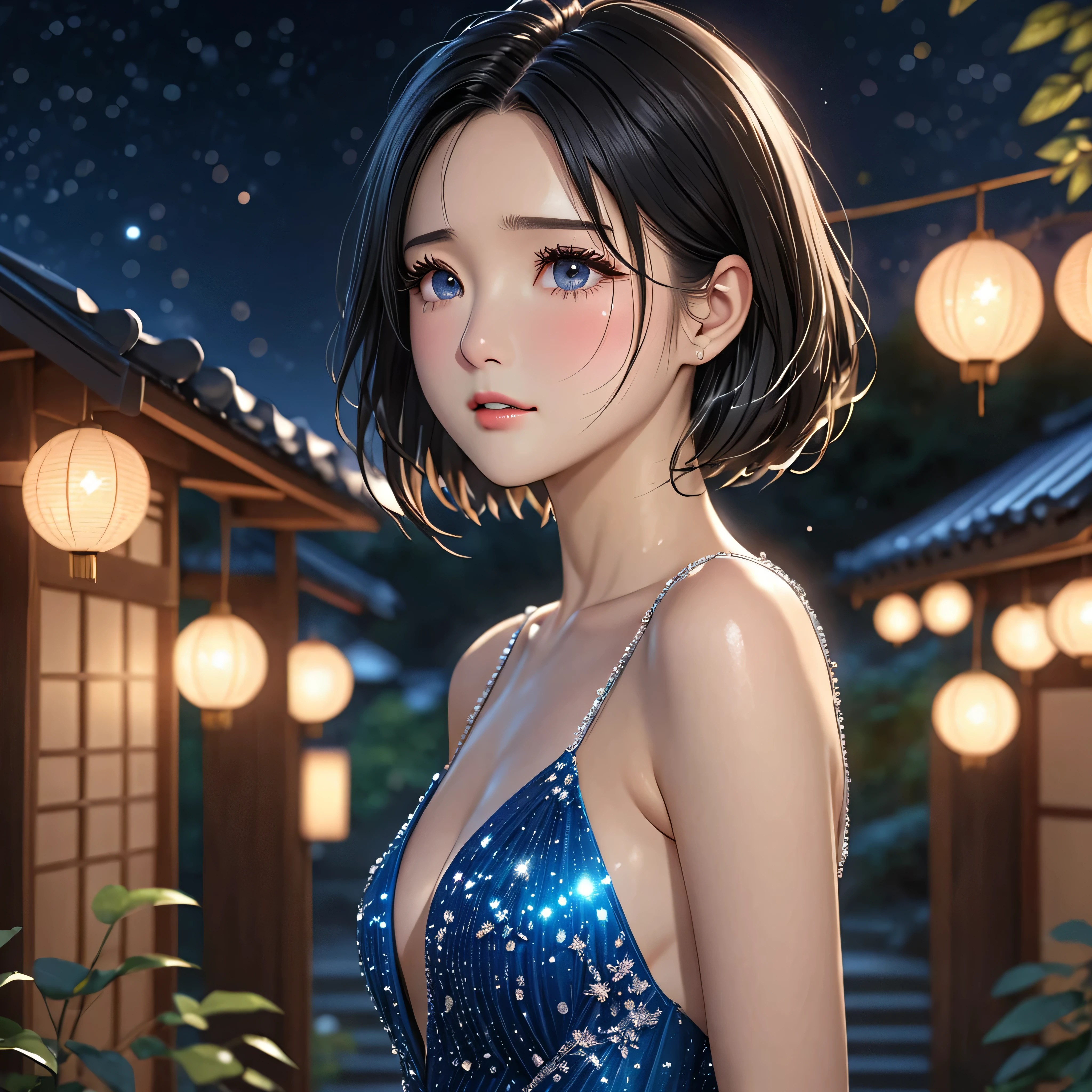 National Science Foundation,masterpiece,High resolution,8K,Art,digit,Three-dimensional,Realism,Kyoto Animation Style,Your name style,Facing the camera,Soft Light,Glowing skin,(1 female: 1.3),(alone: 1.4),(((black hair))),sparkling evening gown,Evening gown with Swarovski crystals,Long eyelashes,Long thin legs,Short Bob,Sexy pose,Close-up of upper body,Close-up,close view,Eyes as deep as the starry sky,(blush),(shy),(lovely and delicate),(Pitiful),(cry),(shed tears),(((sadness)))