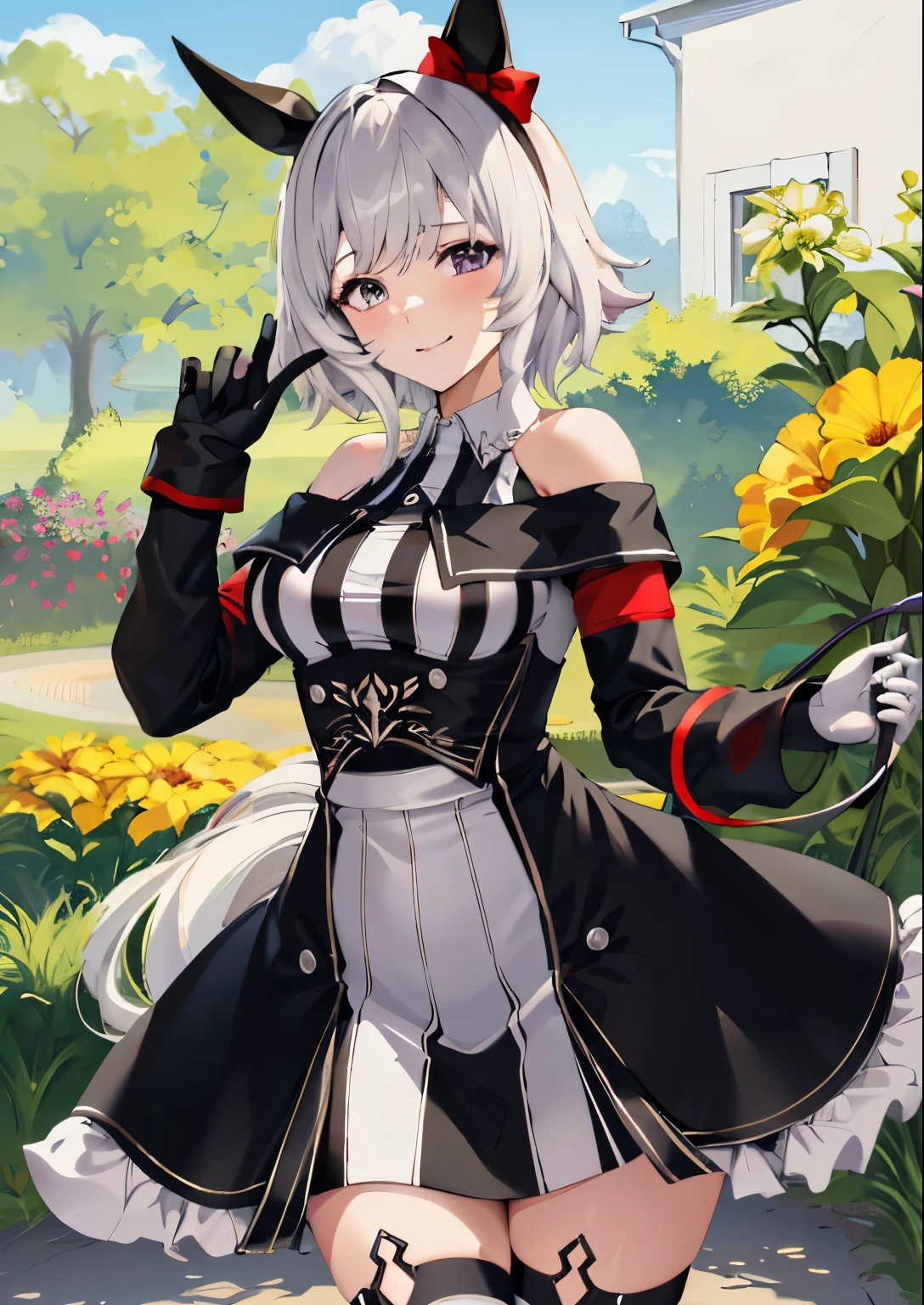 {{{NSFW}}},{masterpiece:1.2},{best-quality:1.2},{ultra-quality:1.2},{ultra-detailed:1.2},{ultra-high-resolution:1.2},{8k},{extremely-detailed-CG-unity-8k-wallpaper},(unreal engine 5:1.2),(illustration),(colorful kaleidoscopic colors),(high brightness),Karen-chan \(umamusume\), Laughter, garden,Racing wear、A charming smile:1.4、blush、Embarrassed look:1.4、The whole face turns red(Embarrassing)、frustration:1.4、Rape face、Pointed upwards、鼻の周りをblushする、Kamimei:1.4、
Vertical striped dress、Black and white dress、Exposing shoulders、Off the shoulder、Long sleeve、Collared dress、gloves、Knee socks、Dynamic Pose:1.4、Knee socks、alone、Inside the room