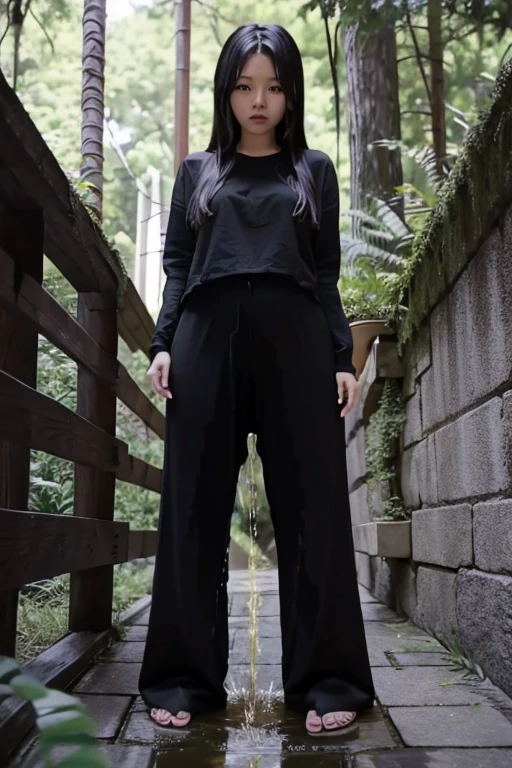 Japanese Girl sees the ghost and pees her black palazzo pants until her pants are wet in fright.