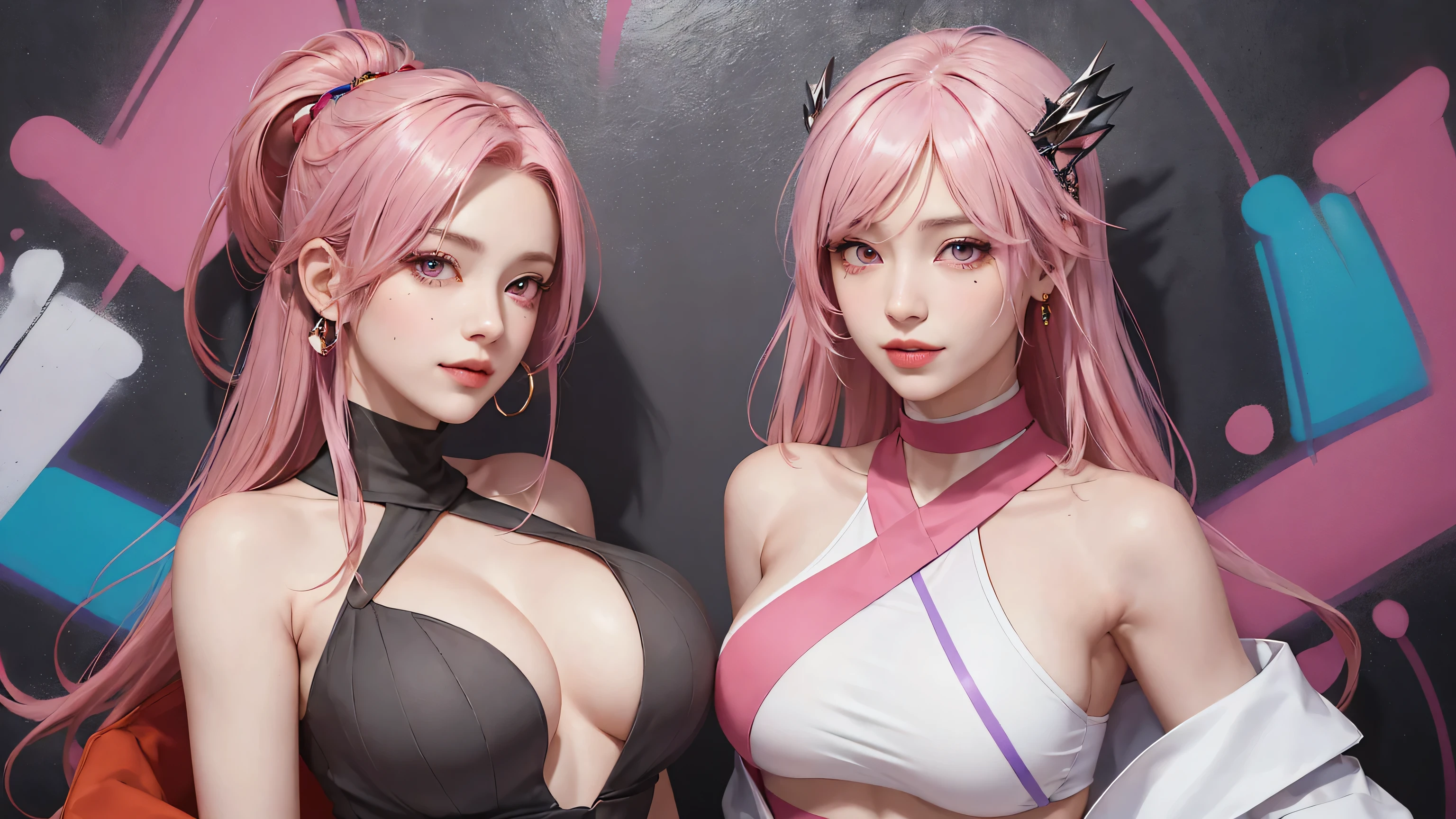 (Masterpiece, best quality, 1 girl, alone, complicated details, Chromatic aberration), realistic, ((Moderate breath)),long hair, pink hair, Red headpiece, Pink Highlights, hair on one eye,purple eyes, earring, sharp eyes, choker, Neon coat, She wears a collar, bangle, and kimono style garters., crop top, (symmetrical eyes),(Perfect symmetrical body),against the wall, Brick wall, (colorful graffiti words on the wall:1.2), The light is dim., alley ,Look at the viewer.、Dig the chest、smile、(sleeveless、Navel touch、Fitted turtleneck.)、street string hot pants、Thin bottom、Please build above the eaves..、Thin shoulders、in underwear、