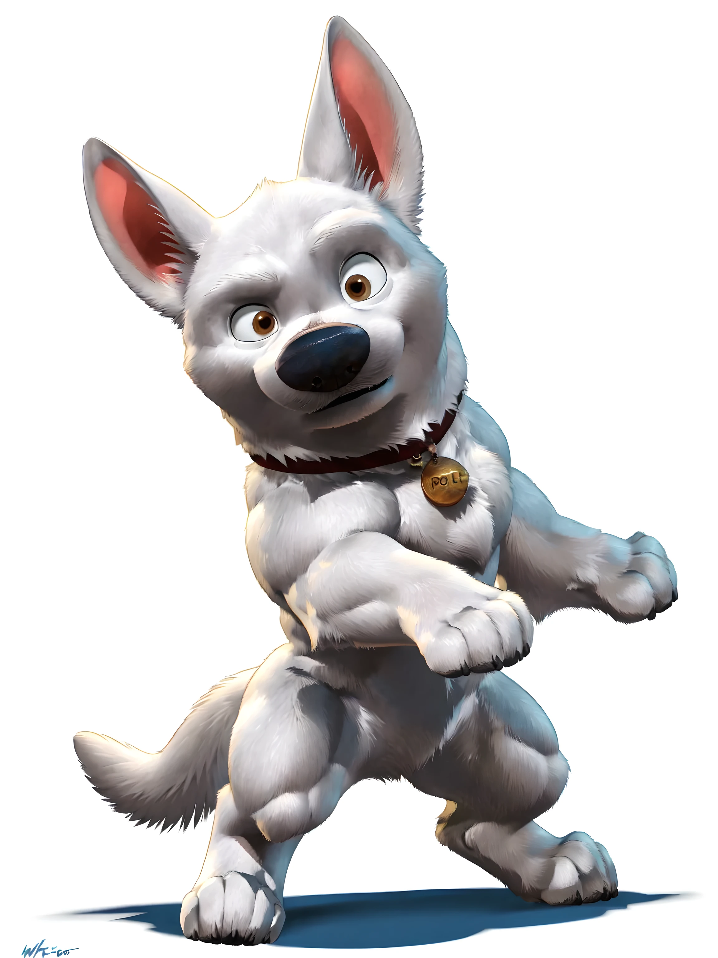 bolt the dog, adult, masculine, male, (quadruped, feral, feral dog):1.0, very muscular:1.5, muscles:1.5, strong chest, muscular shoulders, strong body, muscular neck, biceps, triceps, lats, muscular thighs, calves, vascular, veins, wide chest, by wfa, by negger, (no background, white background):1.3, cel shaded:1.2, cartoony shading, detailed eyes, high quality, high resolution, detailed, collar, full body, muscular forelegs, muscular hindlegs, white fur, standing on back legs:1.1, legs spread, mwvector