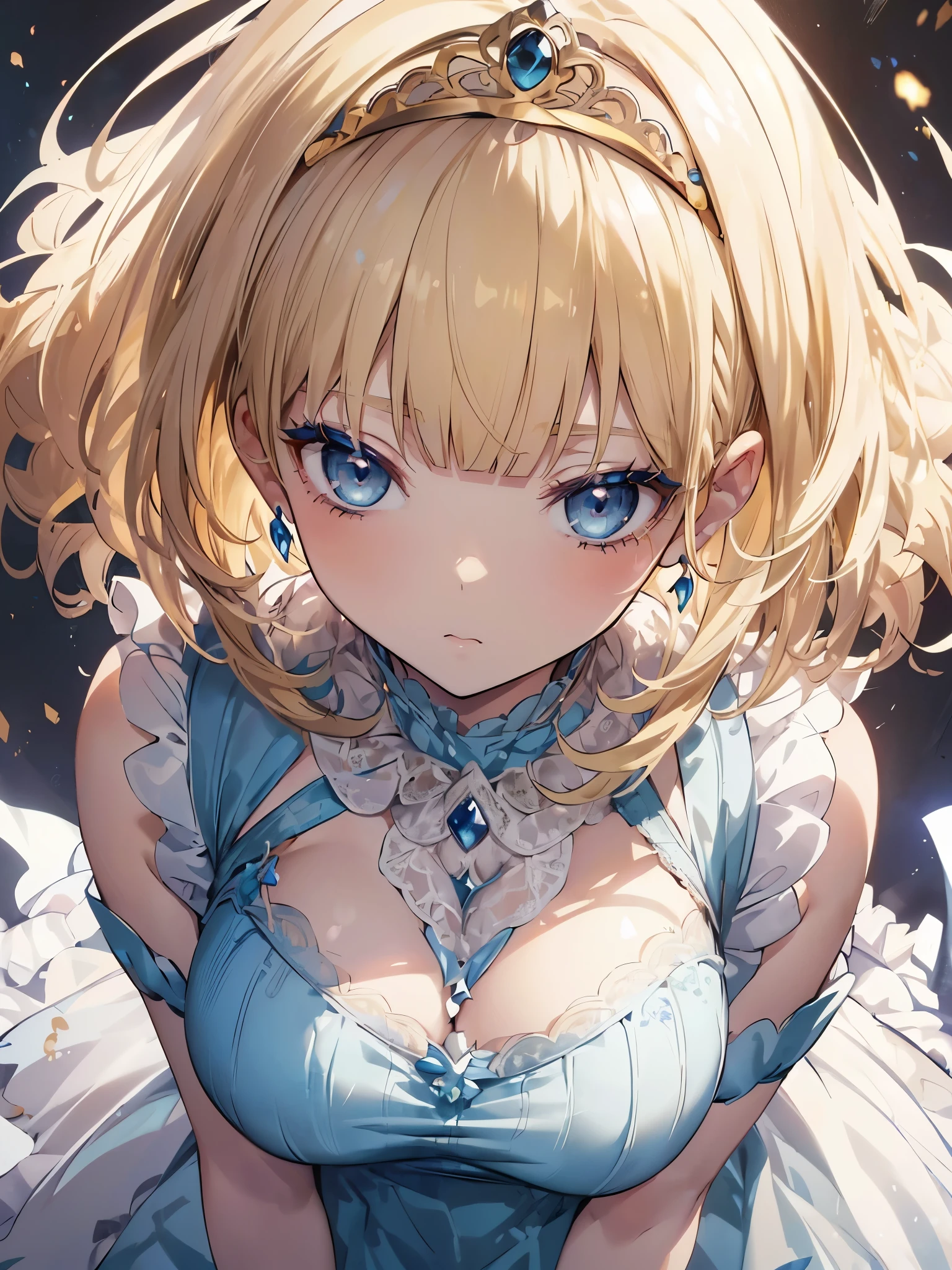 masterpiece, highest quality, Very detailed, High resolution, Japanese anime,One girl, (White skin:1.2), Golden Hair, (short hair:1.4), (Blunt bangs:1.3), Curly Hair, Wavy Hair, Drill Hair, (eyelash:1.3), (eye shadow:1.3), (blue eyes:1.5), (Beautiful fine details:1.4), Eyes half closed, Height: 130cm, original character, Fantasy, (Black background:1.2), Beautiful fingers, Are standing, (Lace Ruffled Dresses:1.5), (tiara:1.5) , Shoot from the front, ビューアーを見るHigh resolution, (Anime Style:1.4), ((highest quality)), (Very detailed), nature(Large Breasts:1.3)