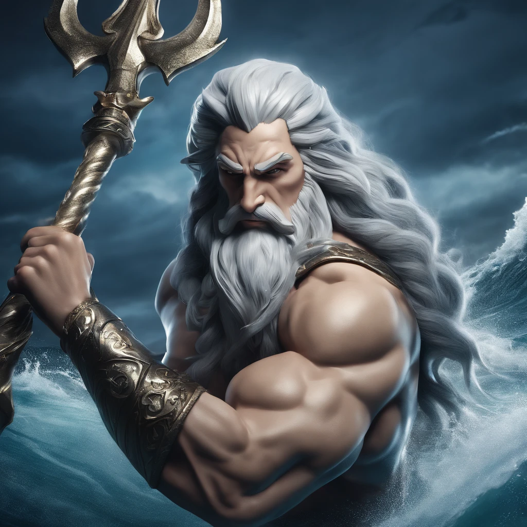 Poseidon、Poseidon、Gray Hair、White Beard、Muscular、strong、big(Trident)、Great impact、Sea、Anime Style