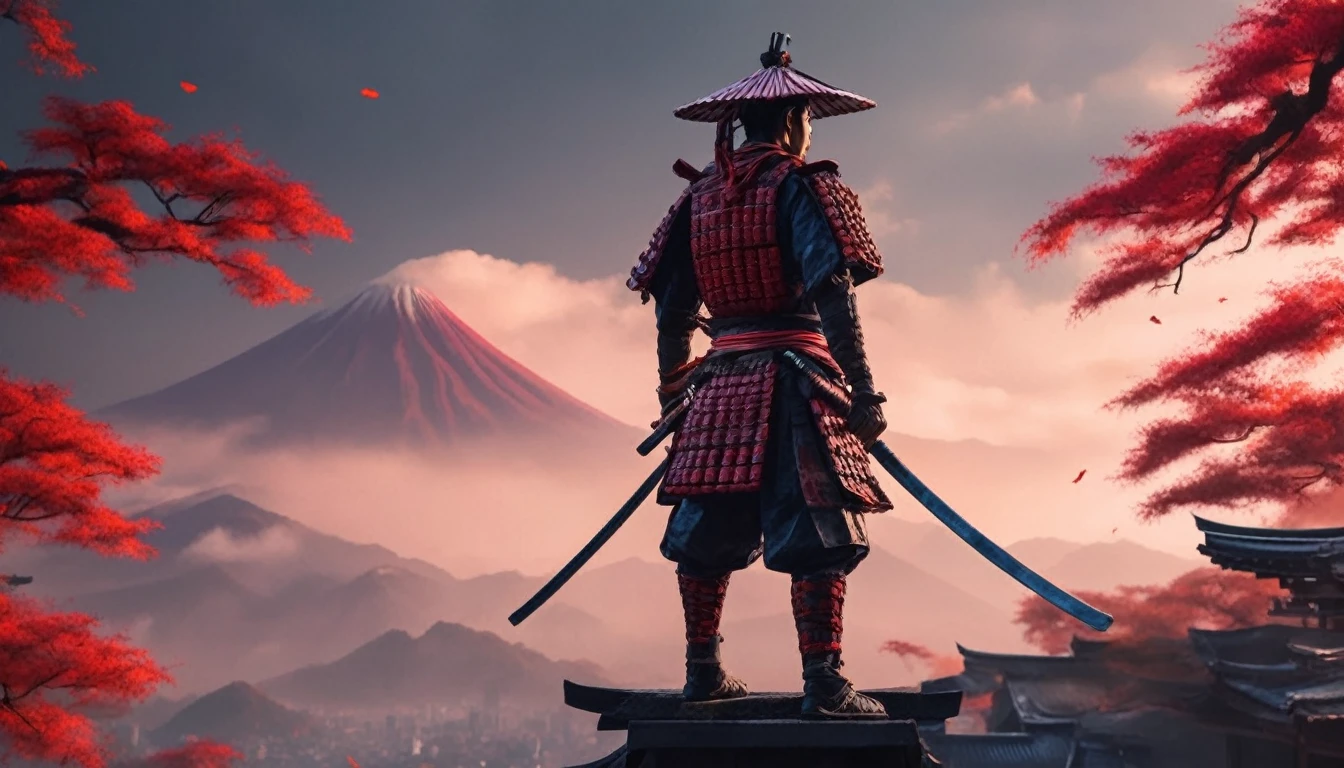 detailed samurai warrior on the roof,detailed japanese architecture,masterpiece,highly detailed craftsman working with tools,dynamic composition,cinematic lighting,dramatic atmosphere,vibrant colors,photorealistic,best quality,8k,highres