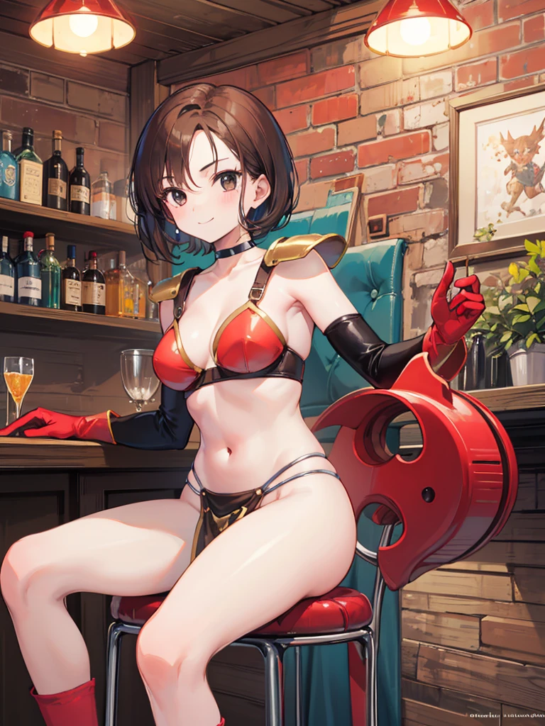 masterpiece,best quality,1 girl,brown hair,short hair,parted bangs,(red tassets),Red shoulder armor,elbow gloves,black eyes,smile,warrior,choker,navel,dragonquest,sitting on a chair,bar