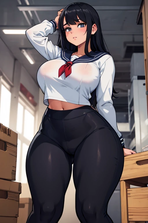 High school girl, sailor uniform, black legging pants, thick thighs, super wide crates, huge breasts, gigantic, big ass, very tight pants, pants are stuck in her butt crack