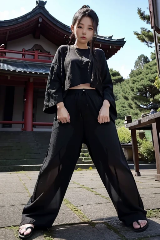 Japanese Girl sees the ghost and pees her black palazzo pants until her pants are wet in fright.