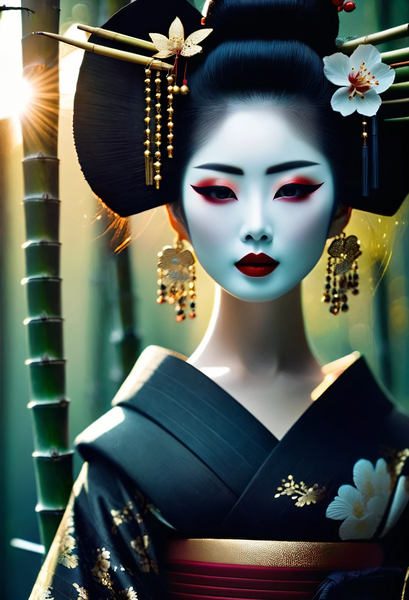 Gothic aesthetics，Gothic aesthetics，(Geisha elegantly standing in a bamboo forest,  (whole body)There is no highlight or shadow decoration on the face of the girl holding the fan.. Red lip makeup、The area of the mouth that is smaller than normal lips. Thick and thin eyeliner pencils can accentuate the contours of your eyes., Strengthen your eyes, Makes pupils appear darker and deeper. Straight eyebrows are not only eye-catching、Informal, Cleanse the entire face. Typical Japanese Geisha makeup,
Wearing a gorgeous kimono embroidered with black and gold cherry blossoms, This is a long-sleeved kimono, Wear thick-soled clogs,
background: Deep streets and alleys under the blue moonlight,
Surrealism, Realistic depiction of light and shadow, Realistic and exaggerated photos, super high quality, Super Detail, Cinematic shots, Shallow depth of field,