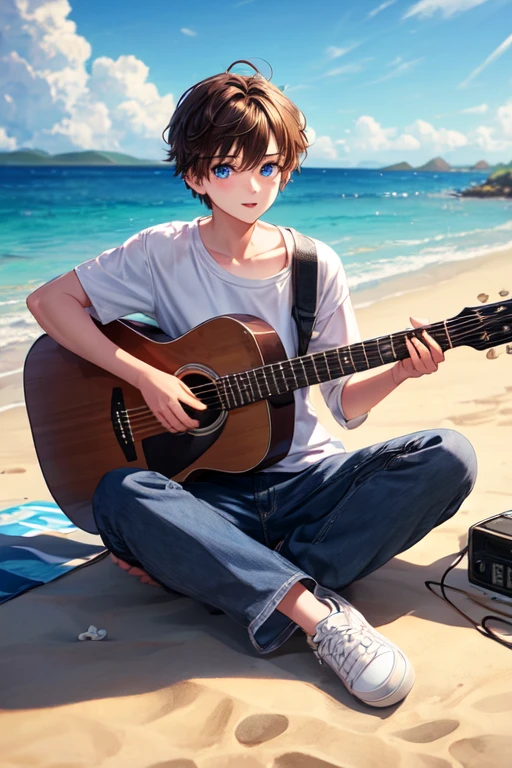 Boy with blue eyes with guitar sitting in the beach 
