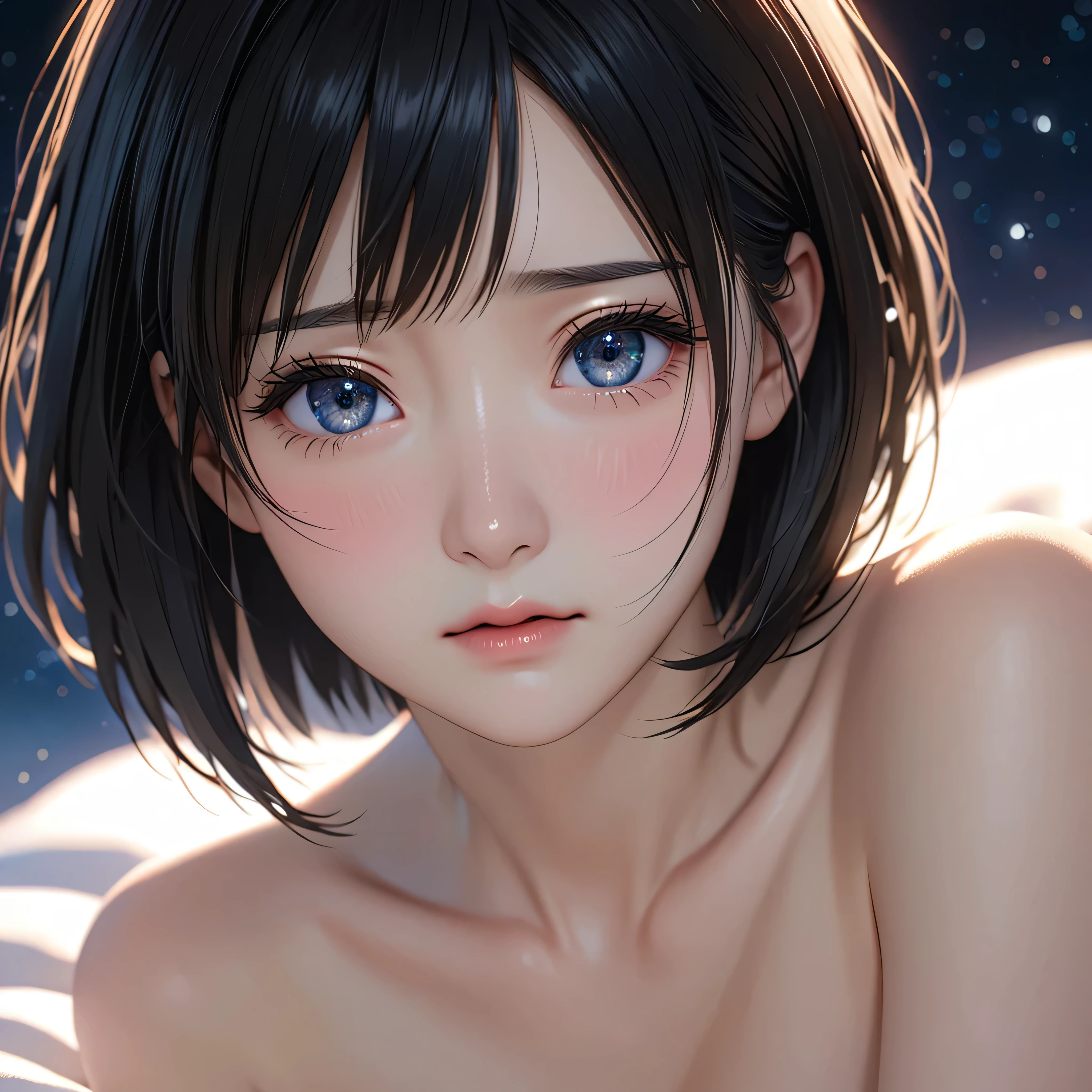 National Science Foundation,masterpiece,High resolution,8K,Art,digit,Three-dimensional,Realism,Kyoto Animation Style,Your name style,Facing the camera,Soft Light,Glowing skin,(1 female: 1.3),(alone: 1.4),(((black hair))),(Naked upper body),Long eyelashes,Long thin legs,Short Bob,supine position,Close-up of upper body,Close-up,close view,(Eyes as deep as the starry sky),(blush),(shy),(lovely and delicate),(Pitiful),(((sadness)))