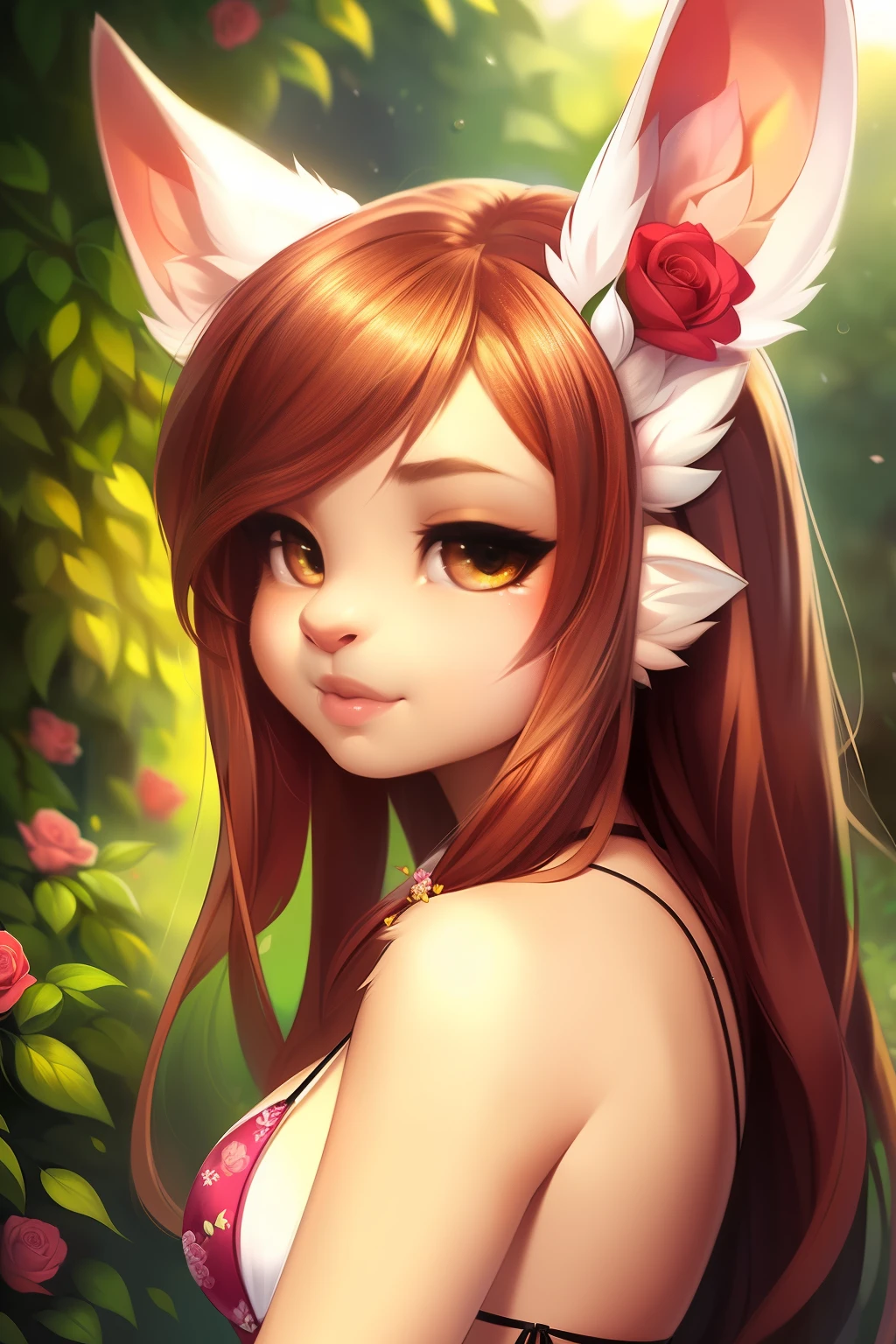A medium close-up shot captures a 12-year-old girl with rabbit ears, adorned in a tightly fitted bikini. The detailed eyes and slightly parted lips exude a hint of maturity beyond her years. The background is a romantic, softly lit garden setting, with petals gently falling like rain. The detailed background includes elements such as roses and lush greenery, creating a picturesque atmosphere. This beautiful artwork, created by the talented artists uma bonita, Ross Tran, and foxovh, has been trending on ArtStation, showcasing their masterful skills in photo-realistic imagery and expert attention to fine details. The overall composition, bat