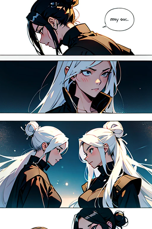 Girl with long white hair talking to a girl with black hair in a bun , manga page with panels and dialogue 