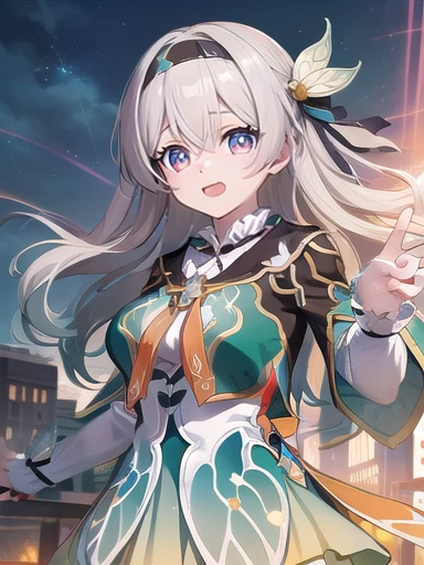 (masterpiece:1.3),((High resolution)),((high quality)),((Super detailed))、One girl、((可愛いsmile))、Perfect balance、Perfect Face、Detailed face、Cute Face、Beautiful detailed eyes、Expressive eyes、Cute eyes、Shiny eyes、Perfect body、Beautiful body、honkai firefly, fire Fly, (Purple eyes:1.3), Grey Hair, 蝶のhair ornaments, hair ornaments, Hair intake, Long Hair, (Bright Eyes:1.5), shoes下, 青色のdress, 青色のshoes下,((Large )) ((Orange ribbon:1.5))、dress, shoes, shoes下, ツートーンdress, ツートーンshoes下, ホワイトdress, Long sleeve, hair band, 外でrest, 視聴者を見ながらrest, (Cowboy Shot:1.5), ((smile)) , rest, (masterpiece:1.2), 最high quality, High resolution,8k ,wallpaper, (shape:0.8), (美しいfine grain:1.6), 非常にDetailed face, Perfect lighting, Extremely detailed CG, (Perfect hands, Perfect Anatomy), ((masterpiece,最high quality)), Very detailed, Shine, Shine光, Ray Tracing, (Perfect Face, Detailed face, fine grain, Perfect hands, Perfect Fingers:1.5), High resolution, とってもCute Face, 最high quality, Very detailed, Shine目, (最high qualityの写実的なイラスト), (Super quality), (Cute illustrations:1.3), (High chroma:1.3),, Beautiful and exquisite face and eyes, Dynamic Lighting, (Very delicate and beautiful), (Nice hands), (Perfect hands:1.4), Very detailedなイラスト, Very cute and beautiful, 最high quality, Are standing、From below