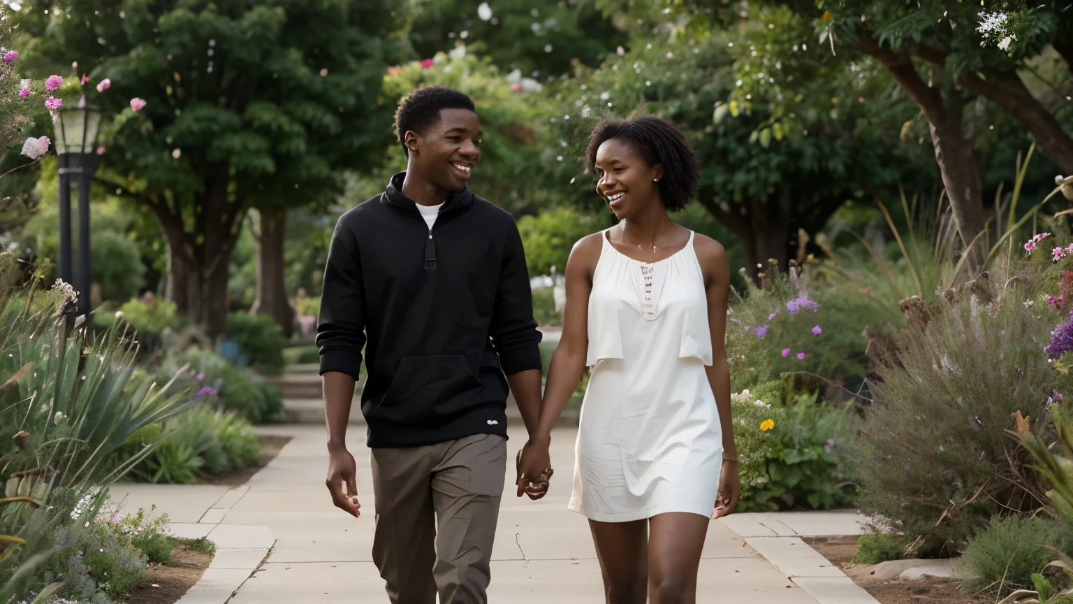 A young black man & woman they stroll together through the college botanical gardens, shoulders occasionally bumping, stealing glances and shy smiles.