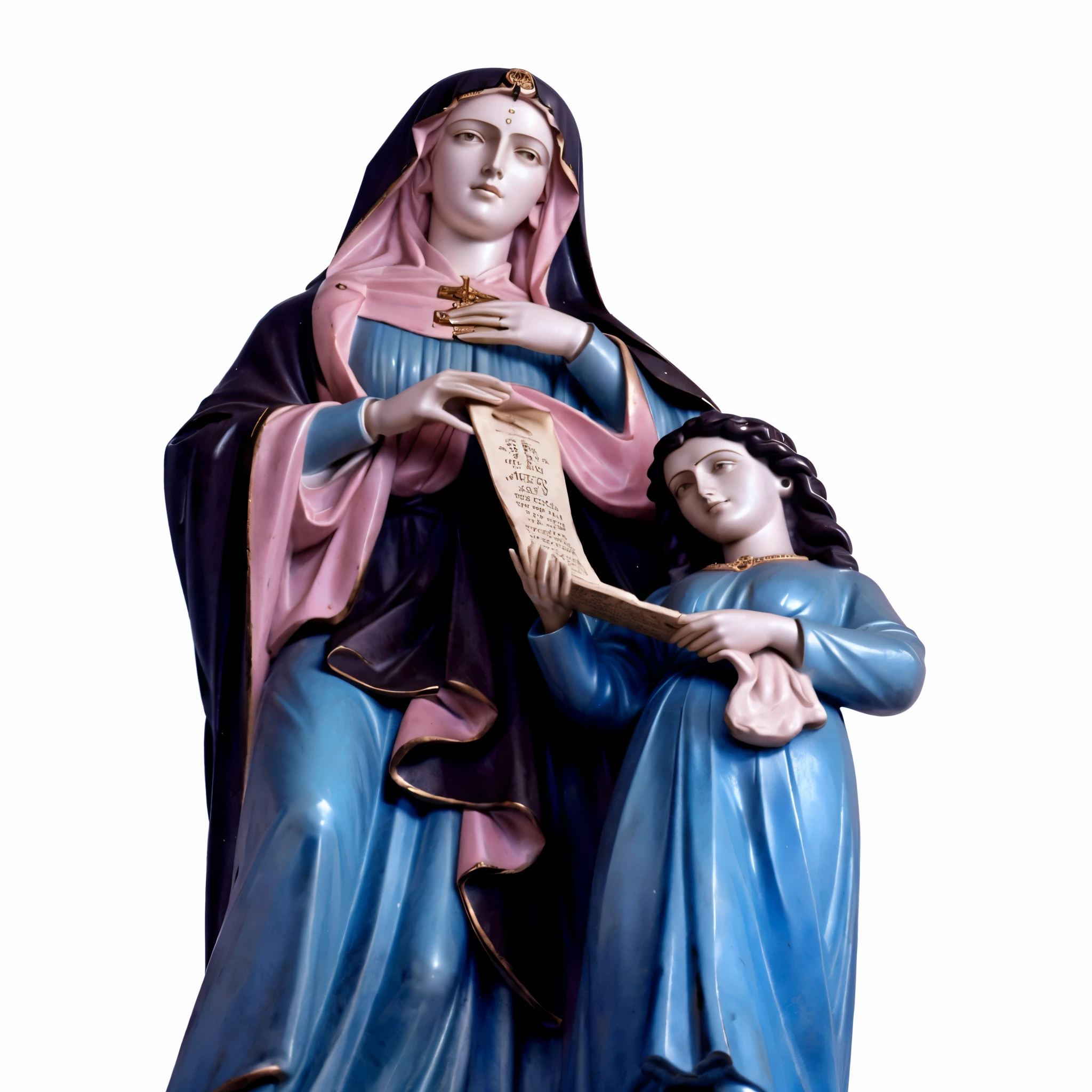 remake this image by replacing it with real people, the tallest a lady and the smallest a , , statue of a woman holding a scroll, , escultura religiosa, majestic Santo woman, Santo woman, Virgem Maria, Santo, iconografia religiosa, queen of heaven, estatueta, Mary in a sanctuary, Santo womans, fotografia aproximada, roman catholic icon, sagrado