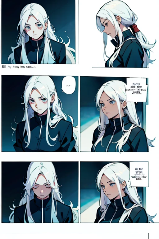 Girl with long white hair in pain , manga page with panels and dialogue