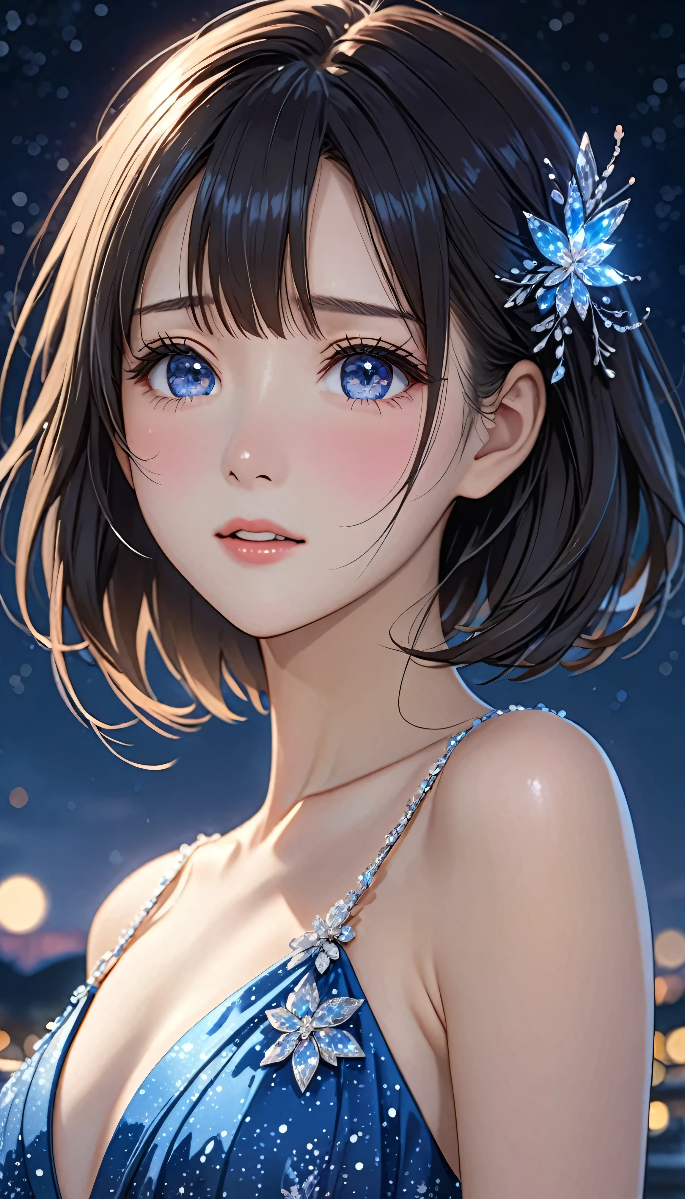 National Science Foundation,masterpiece,High resolution,8K,Art,digit,Kyoto Animation Style,Your name style,Facing the camera,night,midnight,Light,(1 female: 1.3),(alone: 1.4),Sparkling Light Evening Dress,Swarovski crystals on evening gown,crystal hairpin,Long eyelashes,Long thin legs,Short Bob,Sexy pose,Close-up of upper body,Close-up,close view,nightstarry sky,Eyes as deep as the starry sky,Blushed,shy,shy,open mouth,(Tearing up)