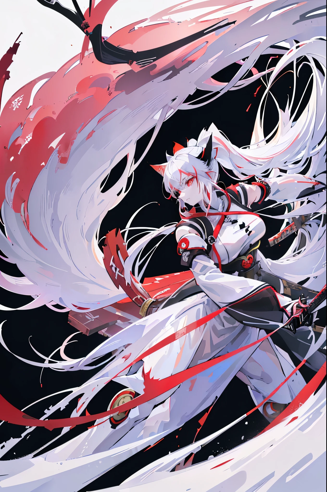 ((Solitary), (Anime fox demon girl with long white hair and ponytail), (With a katana、Fox girl in white and black dress), (Red Eyes), White-haired deity, neutral expression, high quality, ((Extreme details)), ((Forest village in the background))