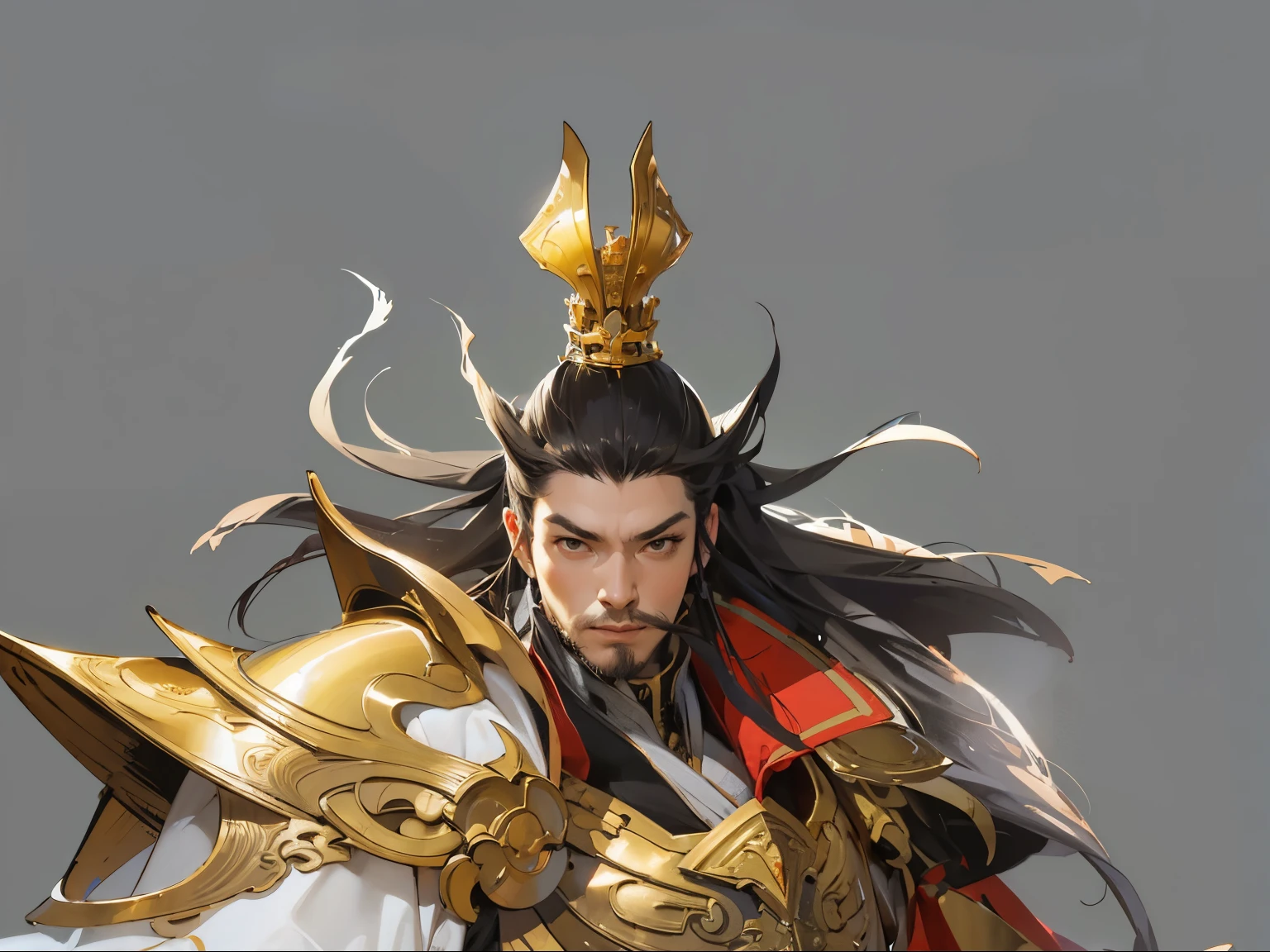 high quality,,Meticulous portrayal,Clear structure,Scapula,Chinese-style armor,Golden Armor,Metal,Gold Armor,Flying hair,Golden crown,Hair crown,