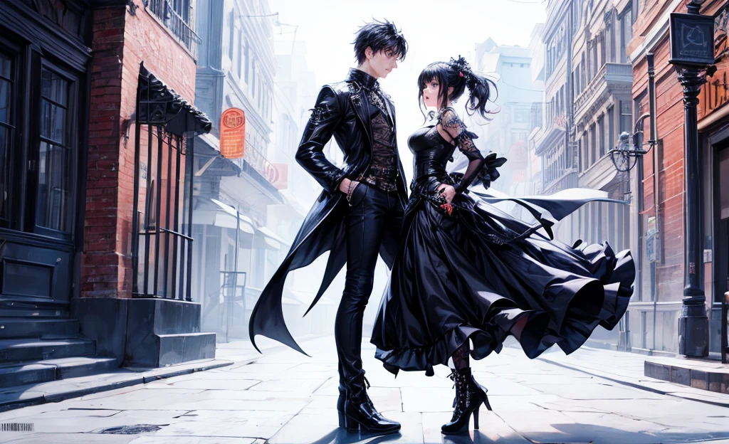 Vector, best quality, 8k, high resolution, high quality, romantic couple, lovers , Gothic mansion, beautiful girl wearing punk goth dress and boots and handsome guy in punk goth clothes, romance