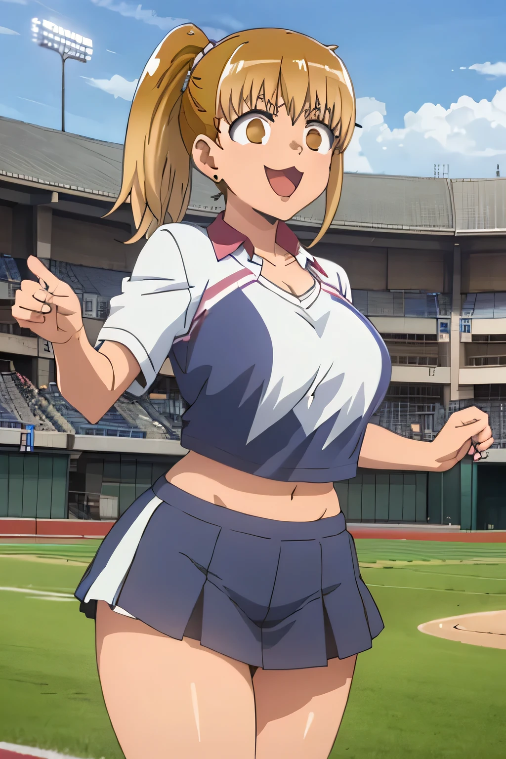 Very detailed, High quality (medium long shot), Illustration from the anime Ijiranaide Nagatoro San, voluptuous body, thick thighs, big breasts, wide hips, cheerleader clothes, happy expression, on an empty baseball field