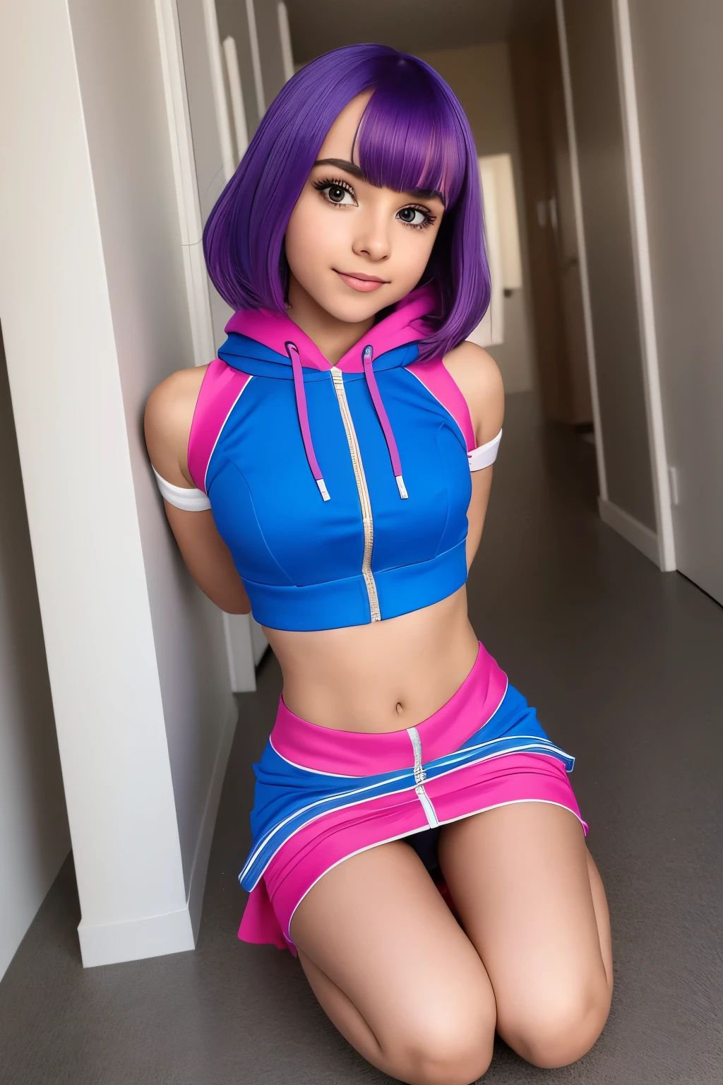 5 sweet innocent ten 18 year olds kneeling, bound, tied up, wearing neon crop top hoodies, beautiful girl, innocent and playful, real photography, modern look, silky dress or skirt with cutouts, skinny body, famous actress, beautiful face, bdsm, legs tied, shibari, colored hair, playful