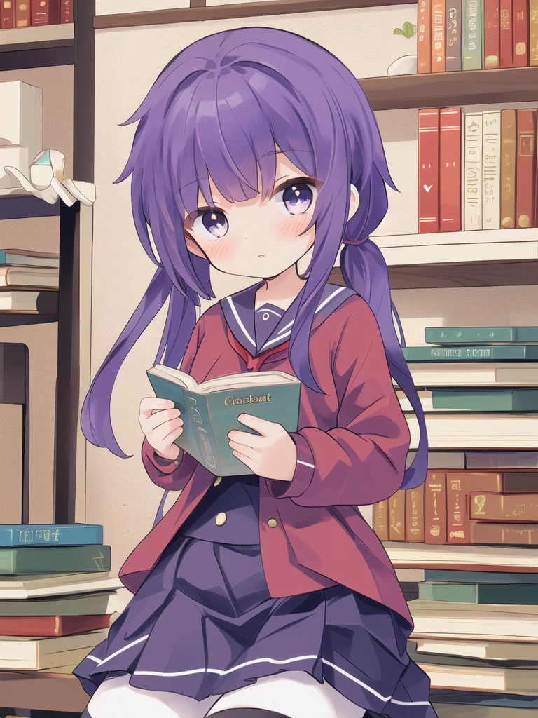 、girl、Pigtails、Purple Hair、Red Sailor Suit、skirt、Confused eyes、I have a book