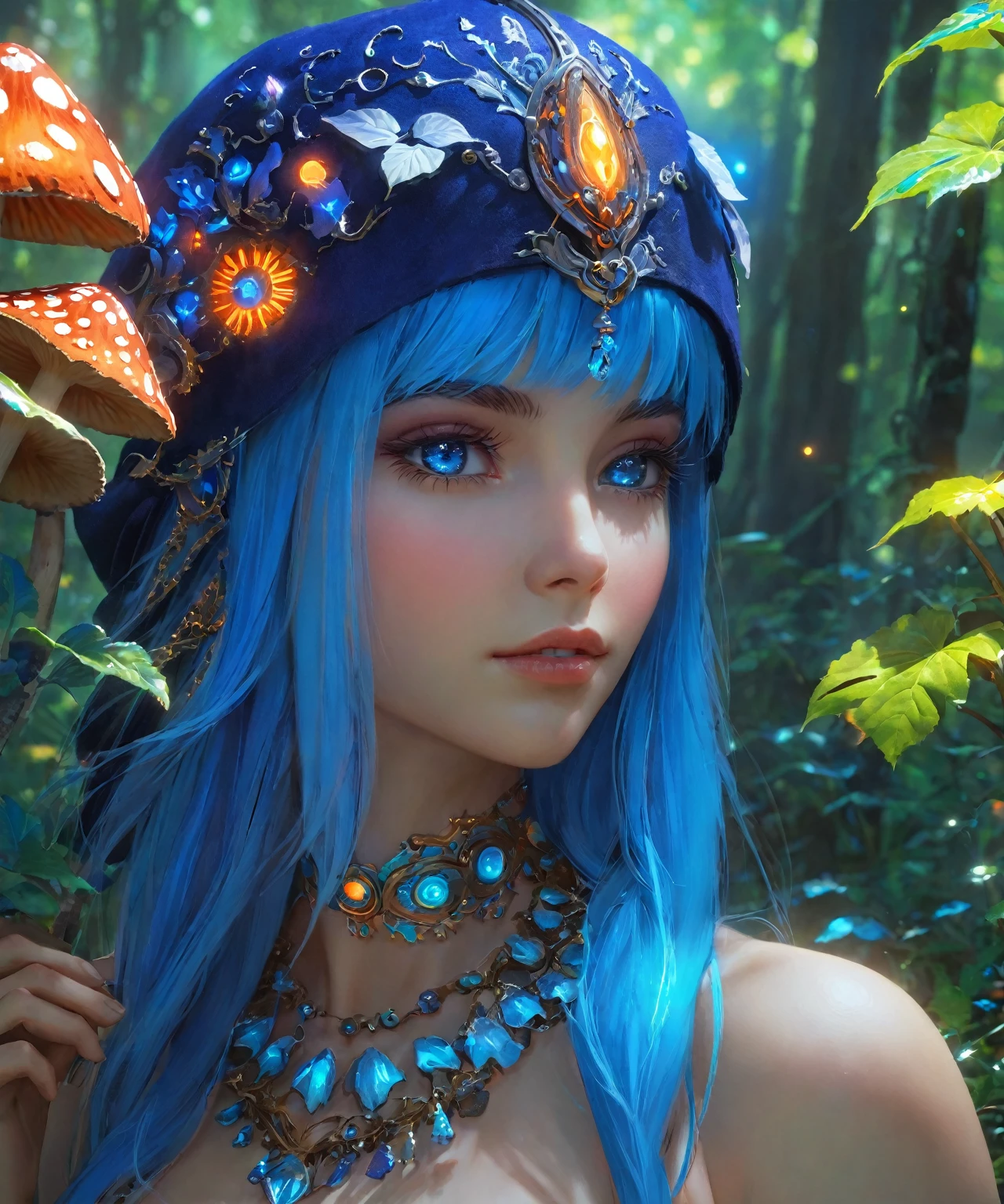 Elfa na floresta encantada、cogumelos、cyber enhancement、mechanical limbal texture、capa,Retrato da parte superior do corpo,Crie uma atmosfera misteriosa e encantadora,Bright symbols and runes on clothes、magic mushrooms 、paleta de cores azul,(melhor qualidade,4k,Obra de arte:1.2)、cores vivas e saturadas azul、Soft ambient lighting