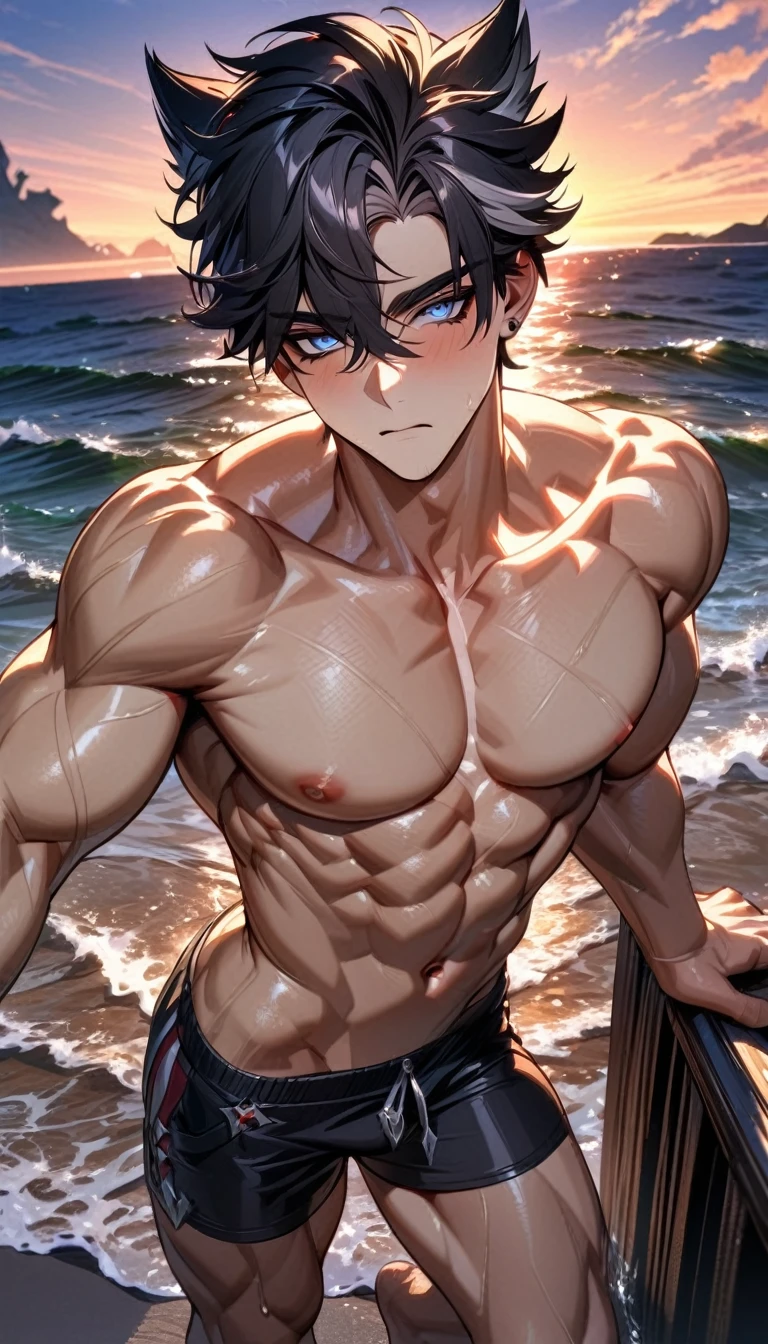 absurdres, highres, ultra detailed, HDR) master piece, best quality, Wriothesley, black hair, expressive blue eyes, genshin impact, sexy man, handsome, toned chest, sensual, black shorts, sea, beach, sunset