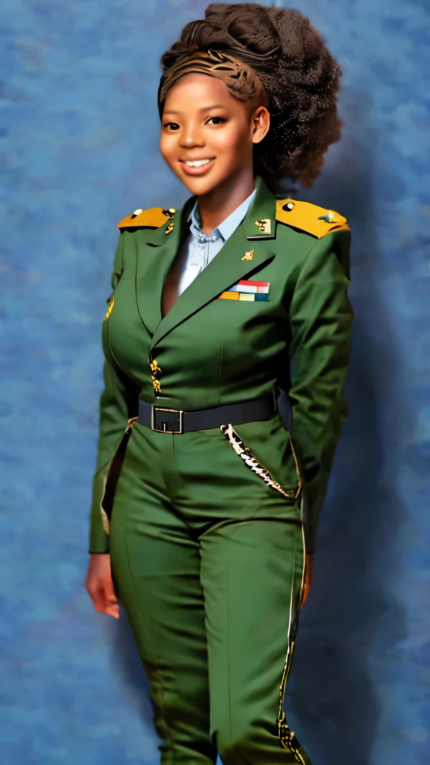 A young black lady standing in a military uniform.