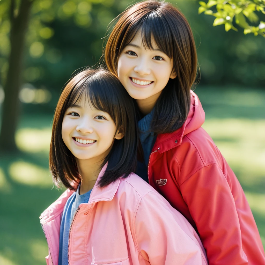 highest quality,masterpiece,超A high resolution,Perfect Anatomy,(Faithfulness:1.4),RAW Photos,smile,Children of short-haired boys,Woman with long hair and 2 year old boy with short hair,a woman and small boy, Mom and short-haired son,Gorgeous Mother And Smiley Boy,(Big tree々Parks with)(((Big treeの後ろに隠れている母)))、(hide and seek)Cowboy Shot,Cinema Lighting,Fashion model parents,Adorable,, (Browsing Caution:1.2)、(Black-haired baby looking for his mother)、(Long-haired mom and short-haired son)、(A mother in a pink jacket and a son in a red jacket)