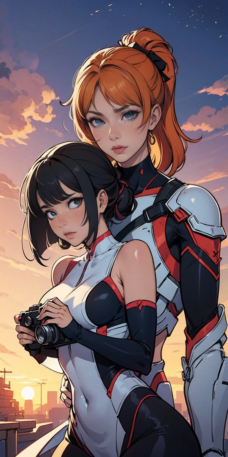 there are a mother and her daughter infront her, women in lingersuits standing next to a camera, a picture by Kamisaka Sekka, pixiv contest winner, conceptual art, commission for high res, posing for a picture, rule 34, [ 4 k digital art ]!!, neutral pose, illustration 8 k, triad of muses, ecchi anime style, poses for the camera