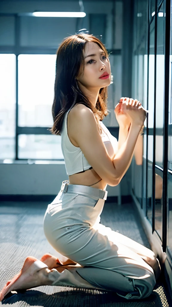 ((highest quality)), ((masterpiece)), (Familiar), (High resolution), (Genuine), 8k, Best Shadow, Side lighting, Cinematic、(Complex:1.4)、((An office lady kneels opposite a businessman standing with his legs apart, Please look up at the front.))、Mature woman with full nude body,very thin body、barefoot、Low - Angle、(Bright office reception room)、Bra see-through