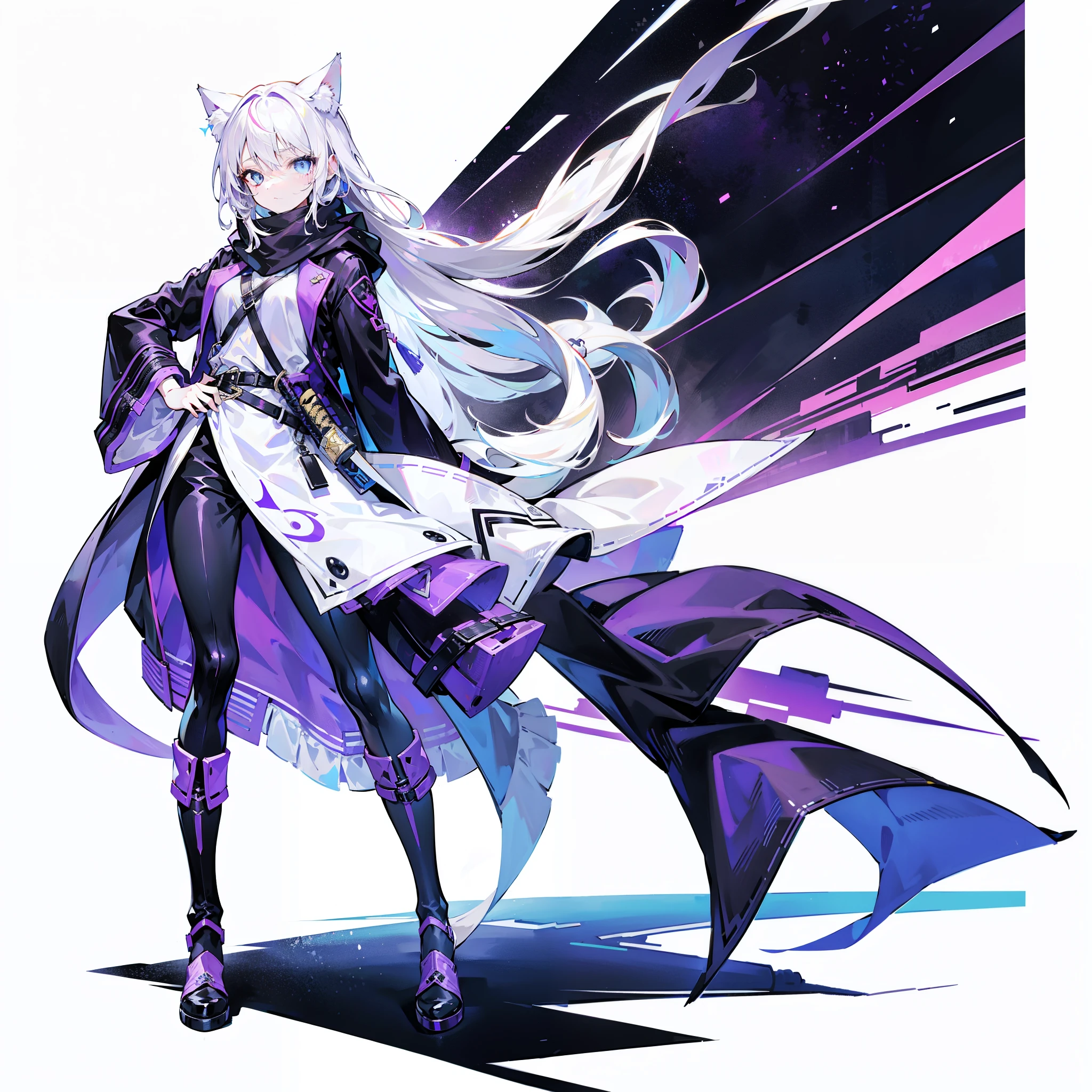 1 Girl,solo,( image),(((white hair))),(The flattest),Delicate face and beautiful eyes,Fine hair,A particularly long strand of side hair),(Cat ear hood),One eye is covered by a hood,scarf,(White background 1::5),standing painting style,((Full Body Love)),(Delicate eyes),Leg strap,Purple and Black Cyberpunk Jacket,trousers,katana sword,lightning background