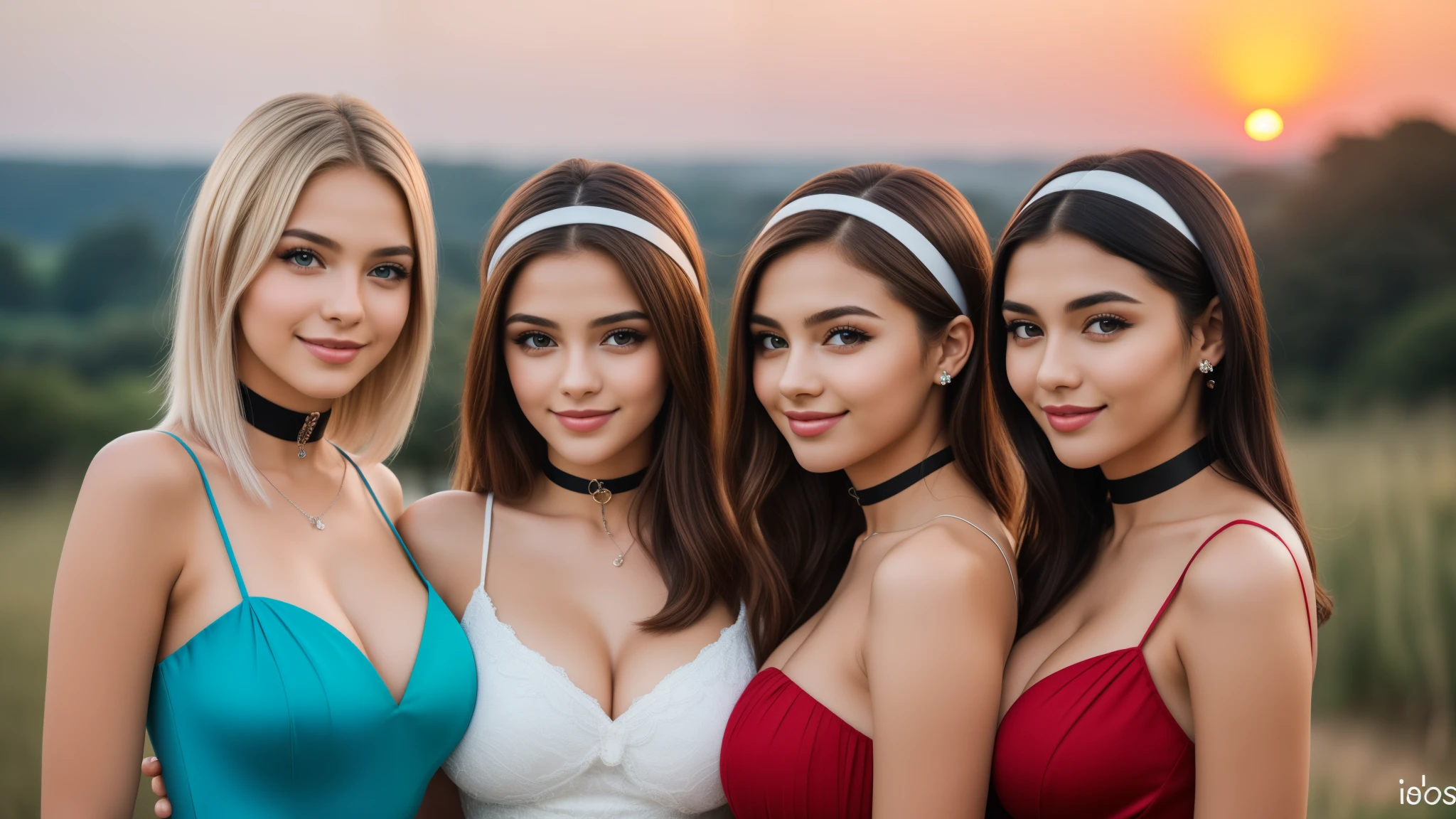 three girls in dresses posing for a picture, cute girls, beautiful girls, 3 young and beautiful women, metart, hot girl, young girls, beautiful alluring teenautiful model, gorgeous faces, teen, las, isabela moner, gorgeous young model, sunset, (big breasts:1.3), shag_cut hair, short dress, choker matching dress color, hairband, seductive smile, (EOS R8, 50 millimeters, F1.2, 8K, RAW photo:1.2)