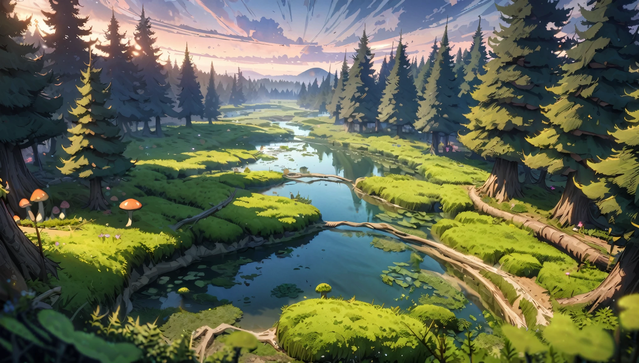  anime lanscape, anime aestetics, a huge posionous swamp, mushrooms under the trees, rare pine trees, purple moss, green spores, green spores in the air, dusk, mudy water, vines on the trees, dark fanatasy, green spores in the air, depth of field, wide shot, from above, highres, best quality, masterpiece, accurate, super detail, 8k