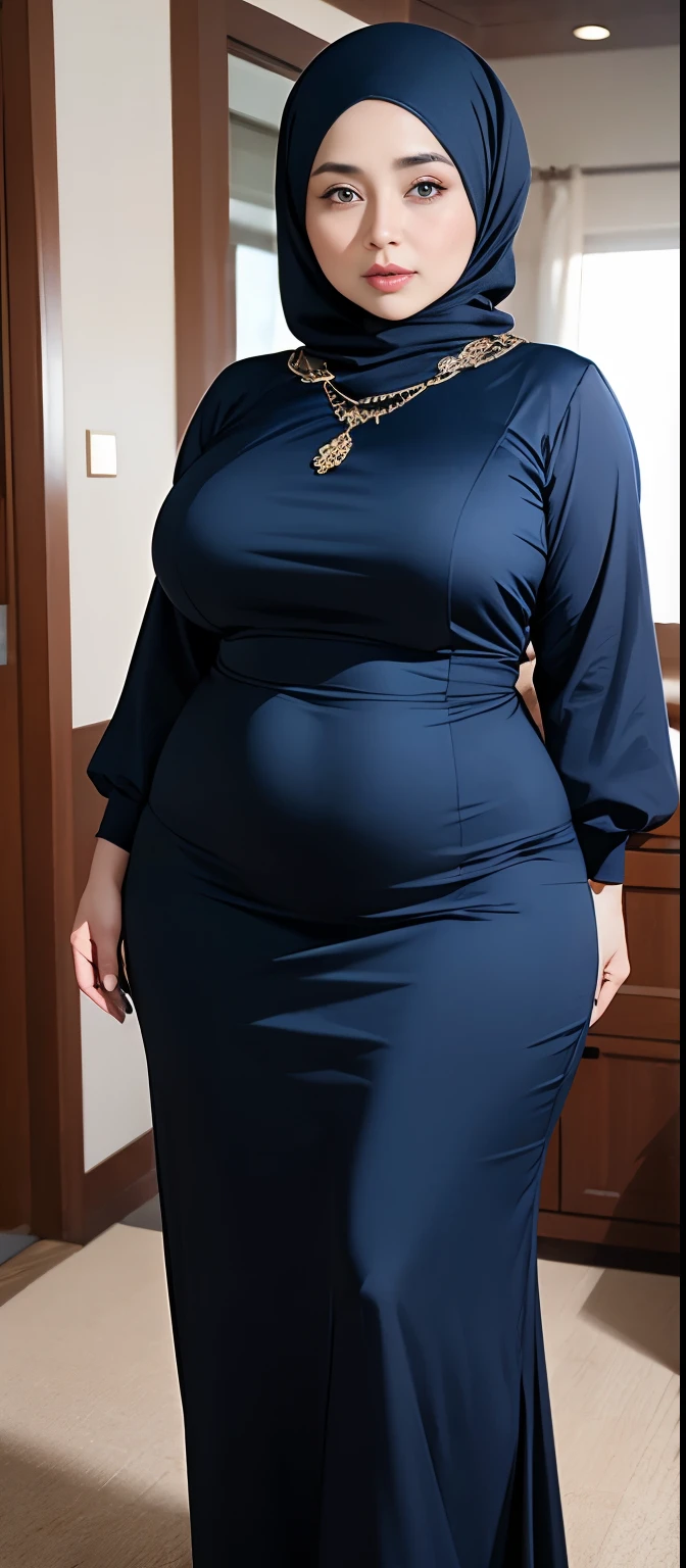 Chubby woman with fat belly and tight thighs, full body, 50-year-old woman, thick hips, thick neck, thick chest, big eyes, wearing a longest dress, wearing a hijab, hijabi woman