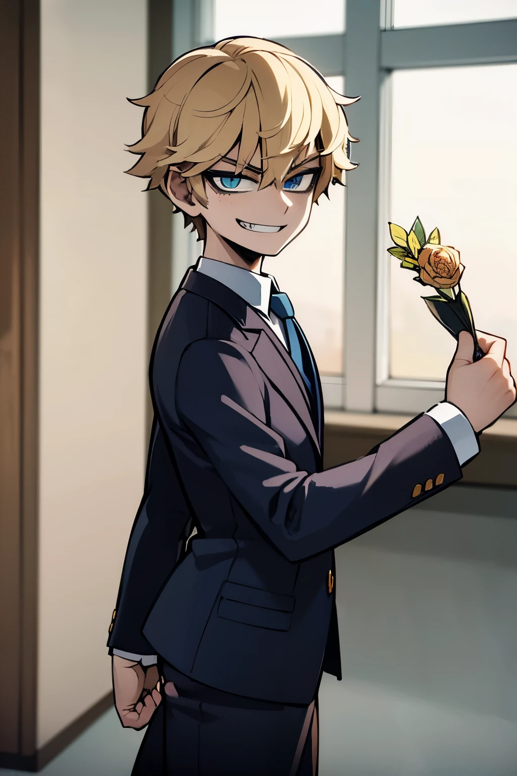 (Masterpiece, best quality: 1.2),(1 guy), (evil face), (school uniform), (juvenile delinquent), dyed blond, blue eyes, (sarcastic smile)