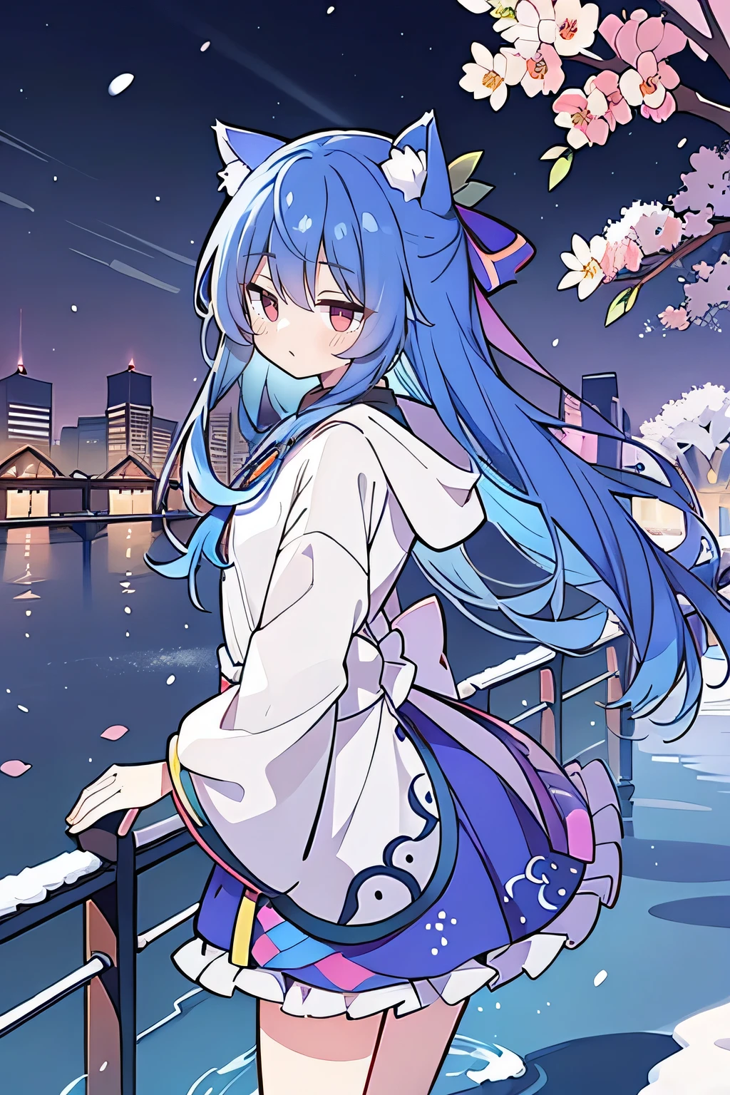 （masterpiece：1.2），Super detailed，lifelike，Expressive eyes，fair skin，perfect face shape，1 girl，
Japanese comics,Gorgeous blue hair,flowing blue hair,flowing clothes,Cat ears,Petals fall,beautiful lola,Baby Angel,
Shaking head with one hand，Cross your legs，Gentle and peaceful background，The pavilion is cool and comfortable,smile, wearing hoodie, background of tokyo,back views,snowing, winter,lie on the water,Wearing a fox mask.