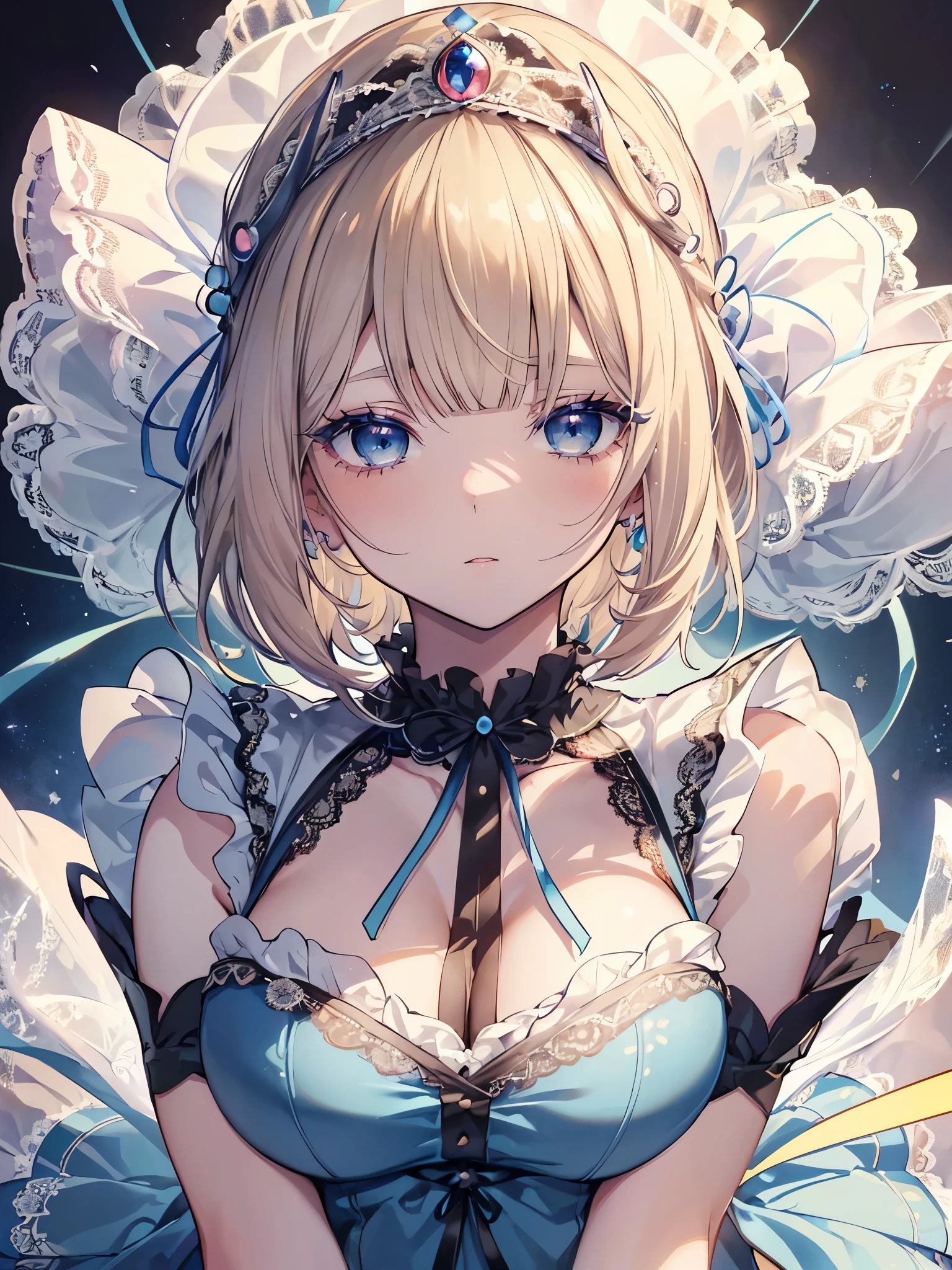 masterpiece, highest quality, Very detailed, High resolution, Japanese anime,One girl, (White skin:1.2), Golden Hair, (short hair:1.4), (Blunt bangs:1.3), Curly Hair, Wavy Hair, Drill Hair, (eyelash:1.3), (eye shadow:1.3), (blue eyes:1.5), (Beautiful fine details:1.4), Eyes half closed, Height: 130cm, original character, Fantasy, (Black background:1.2), Beautiful fingers, Are standing, (Lace Ruffled Dresses:1.5), (tiara:1.5) , Shoot from the front, ビューアーを見るHigh resolution, (Anime Style:1.4), ((highest quality)), (Very detailed), nature(Large Breasts:1.3)