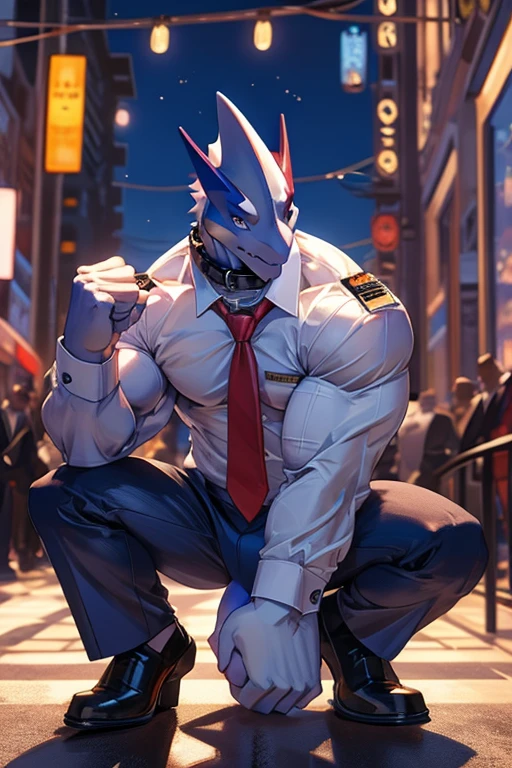 huge, squatting, muscular Lugia, with a penis, ejaculating sperm, clenching teeth, clenching fists, flexing muscles, wearing a business suit with white shirt and red tie,navy-blue pants,shirt with buttons,shirt with dog collar,wearing a thick black leather dog collar,leather dog collar around the neck,silver studs around the collar,long tail,smooth texture,sturdy posture,strong arms,bulging muscles,bright colors,sharp focus,natural lighting,physically-based rendering,bokeh,portrait,creature,animal,artistic style,wearing both a business suit and dog collar at the same time. Extreme attention to detail with dog collar. Dog collar is shiny, studs around the dog collar sparkle. Clutching penis with hand. Rubbing penis.
