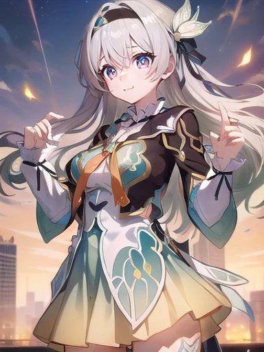  (Perfect Face, Detailed face, fine grain, Perfect hands, Perfect Fingers:1.5), (masterpiece:1.3),((High resolution)),((high quality)),((Super detailed))、One girl、((可愛いsmile))、whole body、Perfect balance、Perfect Face、Detailed face、Cute Face、Beautiful detailed eyes、Expressive eyes、Cute eyes、Shiny eyes、Perfect body、Beautiful body、honkai firefly, fire Fly, (Purple eyes:1.3), Grey Hair, 蝶のhair ornaments, hair ornaments, Hair intake, Long Hair, (Bright Eyes:1.5),  shoes下, 青色のdress, 青色のshoes下,((Large Breasts)) ((Orange ribbon:1.5))、dress, shoes, shoes下, ツートーンdress, ツートーンshoes下, ホワイトdress, Long sleeve, hair band, 外でrest, 視聴者を見ながらrest, (Cowboy Shot:1.5), ((smile)) , rest, (masterpiece:1.2), 最high quality, High resolution,8k ,wallpaper, (shape:0.8), (美しいfine grain:1.6), 非常にDetailed face, Perfect lighting, Extremely detailed CG, (Perfect hands, Perfect Anatomy), ((masterpiece,最high quality)), Very detailed, Shine, Shine光, Ray Tracing, (Perfect Face, Detailed face, fine grain, Perfect hands, Perfect Fingers:1.5), High resolution, とってもCute Face, 最high quality, Very detailed, Shine目, (最high qualityの写実的なイラスト), (Super quality), (Cute illustrations:1.3), (High chroma:1.3),, Beautiful and exquisite face and eyes, Dynamic Lighting, (Very delicate and beautiful), (Nice hands), (Perfect hands:1.4), Very detailedなイラスト, Very cute and beautiful, 最high quality, Are standing、From below
