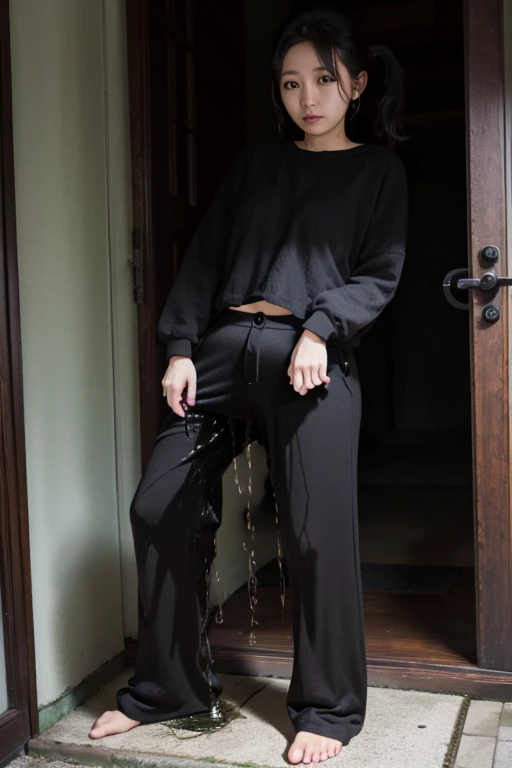 Japanese Girl sees the ghost and pees her black palazzo pants until her pants are wet in fright.
