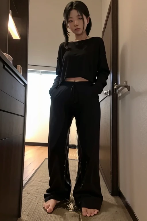 Japanese Girl sees the ghost and pees her black palazzo pants until her pants are wet in fright.
