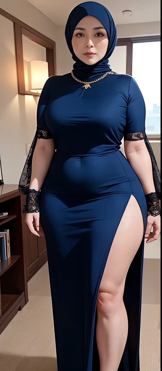 Chubby woman with fat belly and tight thighs, full body, 50-year-old mature woman, thick hips, thick neck, thick chest, big eyes, wearing a longest dress, wearing a hijab, hijabi woman