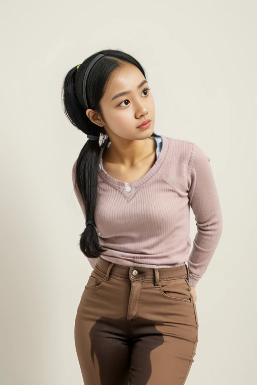 (pp clothes), (realistic), from forehead, Indonesia face, school girl, desperately, peeing jeans, peeing accident, pee stain, pee puddle, full body, crying, wearing hijab