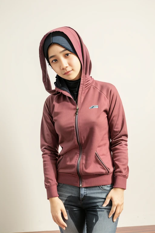 (pp clothes), (realistic), from forehead, Indonesia face, school girl, desperately, peeing jeans, peeing accident, pee stain, pee puddle, full body, crying, wearing hijab